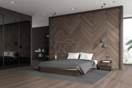 Photo for Wooden hotel bedroom interior with bed and glass wardrobe, side view shelf with decoration and accent wall. Relax space with panoramic window on tropics. 3D rendering - Royalty Free Image