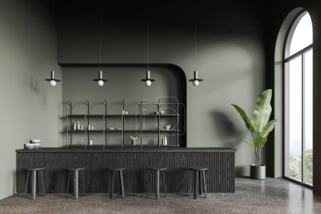 Photo for Interior of stylish coffee shop with dark green walls, concrete floor, comfortable dark wooden bar counter with stools and arched windows. 3d rendering - Royalty Free Image