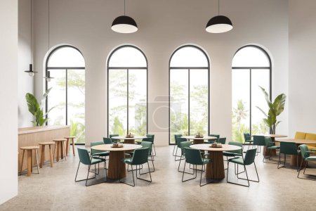 Photo for White cafeteria interior with green chairs and round table, beige granite floor. Bar or restaurant with counter and plant, panoramic arch window on tropics. 3D rendering - Royalty Free Image