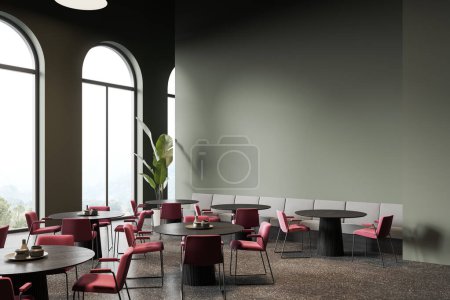 Photo for Dark cafeteria interior with red chairs and round table, side view grey granite floor. Grey sofa and plant, panoramic arch window on countryside. Mock up copy space wall. 3D rendering - Royalty Free Image