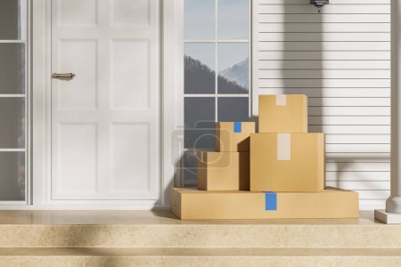 Photo for Closed cardboard boxes at the home doorstep, front view house door with parcels on stairs. Concept of delivery and courier. Mock up copy space. 3D rendering illustration - Royalty Free Image
