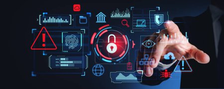 Photo for Businessman finger touch digital chart with big business data protection, graph chart with global statistics, padlock icon with system warning. Concept of cybersecurity and privacy - Royalty Free Image
