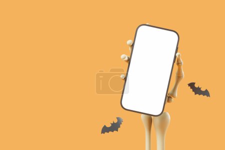 Téléchargez les photos : Main squelette montrant un écran de smartphone maquette, chauves-souris volantes sur fond orange vide. Concept de shopping en ligne, offre spéciale et Halloween. Illustration de rendu 3D - en image libre de droit