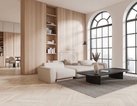 Foto de Esquina de la moderna sala de estar con paredes blancas, suelo de madera, cómodo sofá blanco de pie cerca de una larga mesa de centro de madera y librería de madera. renderizado 3d - Imagen libre de derechos