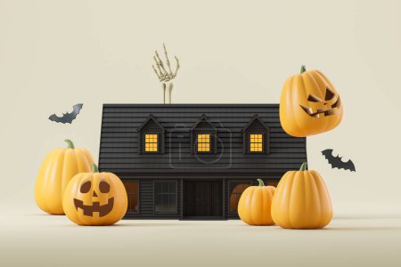 Téléchargez les photos : Vue de la maison hantée avec des citrouilles d'Halloween, une main squelette et des chauves-souris sur fond blanc. Concept de célébration d'Halloween et de temps effrayant. Rendu 3d - en image libre de droit