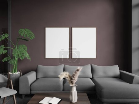 Photo for Interior of stylish living room with brown walls, concrete floor, comfortable gray couch standing on carpet near square coffee table and two vertical mock up posters. 3d rendering - Royalty Free Image