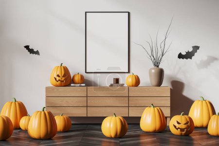 Photo for Row of pumpkins in home living room interior with sideboard and art decoration. Concept of halloween celebration and party. Mock up canvas poster on wall. 3D rendering illustration - Royalty Free Image