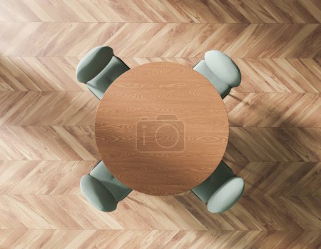 Foto de Vista superior del elegante interior de la sala de estar con mesa de madera y sillas verdes, suelo de madera. Elegante espacio para comer con muebles minimalistas. Renderizado 3D - Imagen libre de derechos