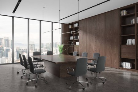 Photo for Corner of stylish meeting room with wooden walls, concrete floor, long conference table with gray chairs and wooden bookcase with folders standing near panoramic window with cityscape. 3d rendering - Royalty Free Image