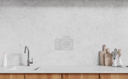 Photo for Interior of modern kitchen with white walls, wooden cabinets and comfortable sink standing on white countertop. 3d rendering - Royalty Free Image