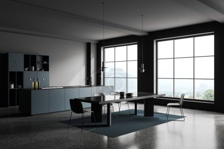 Téléchargez les photos : Dark minimaliste intérieur de la maison cuisine avec table à manger et îlot bar, vue latérale tapis sur sol de granit gris. Étagères avec ustensiles de cuisine et fenêtre panoramique sur la campagne. rendu 3D - en image libre de droit