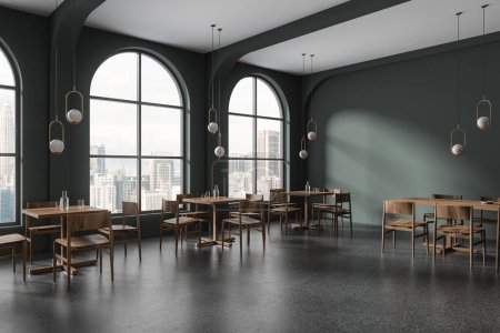 Foto de Interior del restaurante verde oscuro con sillas de madera y mesa en fila, vista lateral suelo de granito gris. Elegante rincón de comer en la cafetería moderna. Ventana panorámica de los rascacielos Kuala Lumpur. Renderizado 3D - Imagen libre de derechos
