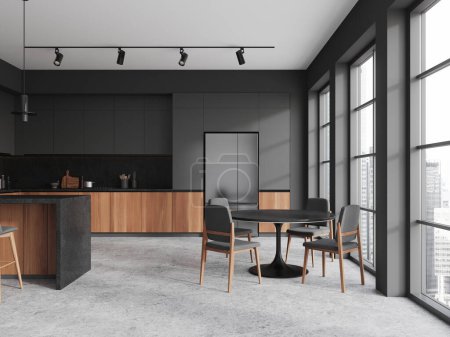 Téléchargez les photos : Intérieur de cuisine maison grise avec table à manger avec chaises, comptoir de bar et espace de cuisine avec réfrigérateur et ustensiles de cuisine. Fenêtre panoramique sur les gratte-ciel. rendu 3D - en image libre de droit