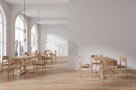 Photo for Elegant restaurant interior with wooden chairs and table in row, hardwood floor. Modern cafeteria and panoramic window on New York skyscrapers. Mock up wall partition. 3D rendering - Royalty Free Image