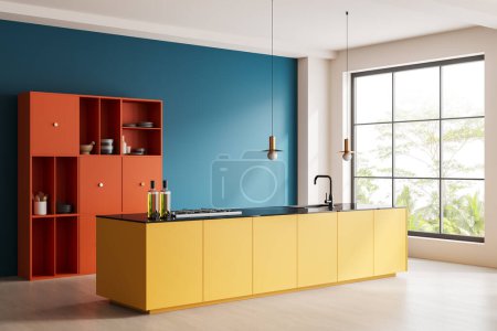 Téléchargez les photos : Coin de la cuisine moderne avec des murs blancs et bleu vif, sol en béton, placard orange vif et confortable île jaune avec cuisinière intégrée et évier. Rendu 3d - en image libre de droit