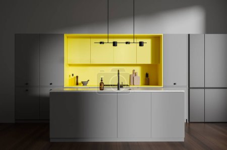 Photo for Interior of stylish kitchen with gray walls, dark wooden floor, comfortable gray cabinets, bright yellow cupboards and cozy gray island with built in sink. 3d rendering - Royalty Free Image