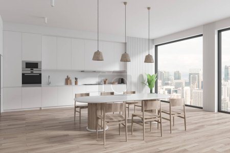Photo for Corner of modern kitchen with white walls, wooden floor, comfortable white cupboards and cabinets with built in sink and cooker and long oval dining table with wooden chairs. 3d rendering - Royalty Free Image