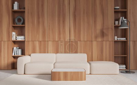 Téléchargez les photos : Intérieur du salon moderne avec sol en béton, confortable canapé blanc debout sur le tapis près de la table basse carrée et grande bibliothèque en bois. Rendu 3d - en image libre de droit