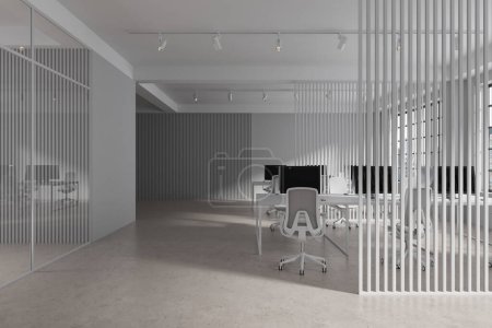 Photo for White coworking interior with pc monitors on table, partition on light concrete floor. Business workspace with panoramic window on New York skyscrapers. 3D rendering - Royalty Free Image