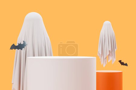 Téléchargez les photos : Deux maquette blanche et orange podium vide pour l'affichage du produit. Fantômes de dessins animés avec des chauves-souris noires volant. Concept d'Halloween, de temps effrayant et d'horreur. Illustration de rendu 3D - en image libre de droit