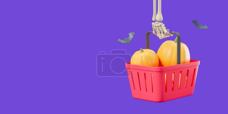Foto de Mano esqueleto de dibujos animados sosteniendo una cesta de la compra con calabazas, murciélago volador en el espacio de copia vacío fondo púrpura. Concepto de vacaciones, descuento y compra en línea. Ilustración de representación 3D - Imagen libre de derechos