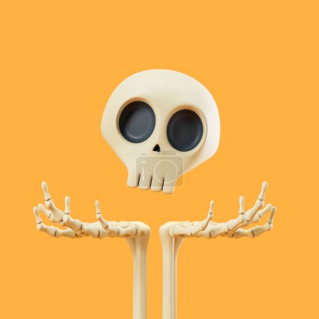 Téléchargez les photos : Cartoon personnage squelette tête avec les mains, fond orange. Drôle de crâne et d'os. Concept d'Halloween, tour ou régal ou jour des morts. Illustration de rendu 3D - en image libre de droit