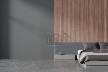 Photo for Dark home bedroom interior bed and nightstand, grey granite floor. Sleeping room with minimalist decoration. Mock up empty copy space wall. 3D rendering - Royalty Free Image