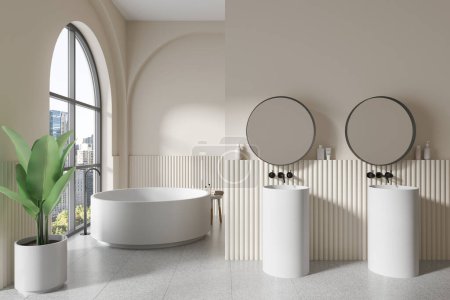 Téléchargez les photos : Confortable intérieur de la maison salle de bain avec baignoire, double lavabo et plante sur sol en granit clair. Salle de bain moderne avec cloison et fenêtre panoramique sur New York. rendu 3D - en image libre de droit