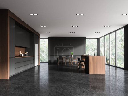 Foto de Elegante interior de la cocina del hogar con barra de bar y diseño de gabinete de lujo, nevera y mesa de comedor con sillones y ventana panorámica en los trópicos. Renderizado 3D - Imagen libre de derechos