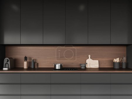 Foto de Interior de la cocina oscura con estufa y olla, cafetera con utensilios de cocina y estantes oscuros. Espacio de cocina minimalista, armario en apartamento moderno. Renderizado 3D - Imagen libre de derechos