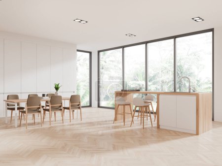 Photo for Corner of modern kitchen with white walls, wooden floor, long dining table with beige chairs and white and wooden island with built in sink and stools standing near panoramic window. 3d rendering - Royalty Free Image