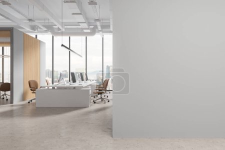 Photo for White business interior with armchairs and pc computer on table, panoramic window on Kuala Lumpur skyscrapers. Stylish coworking and mock up empty wall partition. 3D rendering - Royalty Free Image