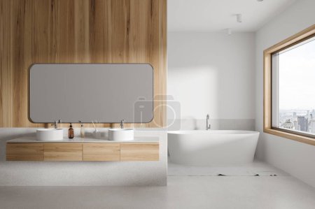 Photo for Interior of stylish bathroom with white and wooden walls, concrete floor, comfortable white bathtub standing near window and cozy double sink with horizontal mirror. 3d rendering - Royalty Free Image