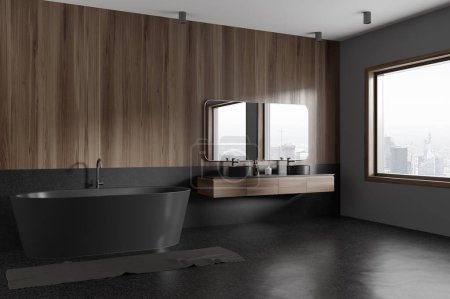 Photo for Corner of modern bathroom with gray and dark wooden walls, concrete floor, comfortable gray bathtub standing near window and cozy double sink with horizontal mirror. 3d rendering - Royalty Free Image