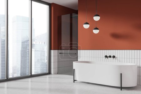 Photo for Corner view of orange and white home bathroom interior with bathtub, shower with glass partition and light tile concrete floor. Panoramic window on Singapore skyscrapers. 3D rendering - Royalty Free Image