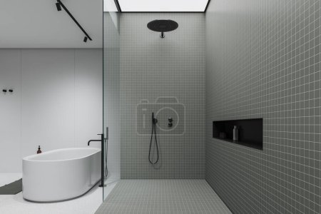 Photo for Interior of modern bathroom with white and light gray tiled walls, concrete floor, comfortable white bathtub and cozy walk in shower with glass wall. 3d rendering - Royalty Free Image