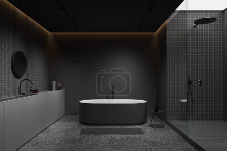 Photo for Dark home bathroom interior with bathtub and side table, sink and shower. Stylish bathing room with accessories, decoration and glass partition. 3D rendering - Royalty Free Image