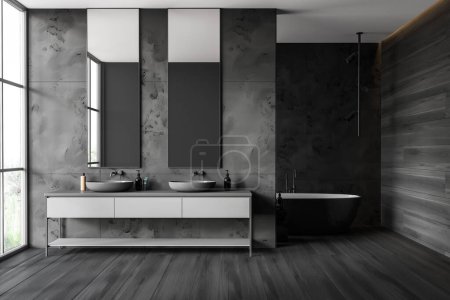 Téléchargez les photos : Intérieur moderne de la salle de bain de l'hôtel avec double lavabo et armoire, parquet noir. Deux lavabos et baignoire derrière cloison, fenêtre panoramique sur les tropiques. rendu 3D - en image libre de droit