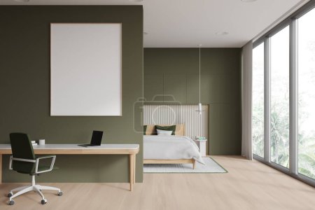 Photo for Green hotel bedroom interior with sleep and work zone with desk and laptop, armchair on hardwood floor. Panoramic window on tropics. Mock up canvas poster on partition. 3D rendering - Royalty Free Image