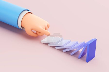 Photo for View of cartoon businessman hand pushing domino piece and creating domino effect over pink background. Concept of crisis and risk management. Business strategy. 3d rendering - Royalty Free Image