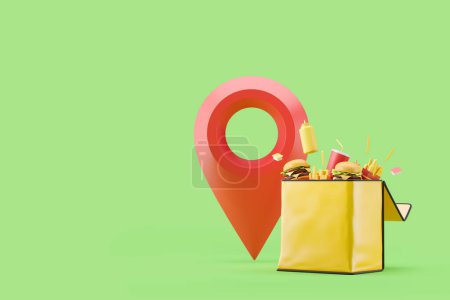 Photo for Mock up copy space yellow thermal backpack, large red geo tag on empty green background. Concept of online shopping, courier and fast food delivery. 3D rendering illustration - Royalty Free Image