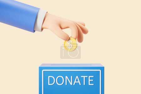 Téléchargez les photos : Personnage main d'homme met une pièce d'or dans une boîte bleue pour les dons, fond beige. Concept de don d'argent, de charité et de soutien financier. Illustration de rendu 3D - en image libre de droit