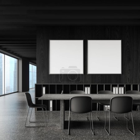 Photo for Interior of stylish office meeting room with gray and wooden walls, long gray conference table with chairs, bookshelves with folders and two square mock up posters hanging above them. 3d rendering - Royalty Free Image