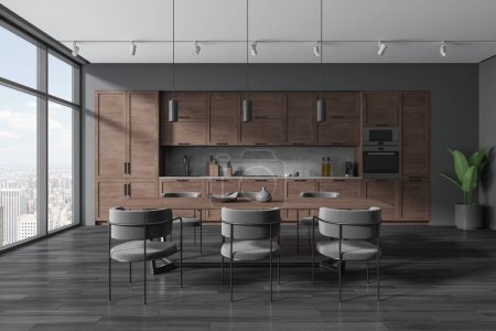 Photo for Dark home kitchen interior with dining table and cabinet, chairs and modern kitchenware with oven and decoration. Panoramic window on New York city view. 3D rendering - Royalty Free Image
