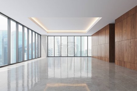 Téléchargez les photos : Intérieur de bureau vide blanc avec carrelage gris plancher en béton, bureau à aire ouverte ou design d'appartement. Fenêtre panoramique sur les gratte-ciel de Singapour. rendu 3D - en image libre de droit