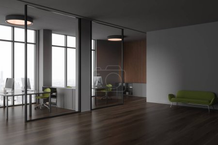 Photo for Dark office interior with glass coworking room, sideboard with documents and panoramic window on Paris. Corner view of workspace and relax zone in corporate loft. 3D rendering - Royalty Free Image