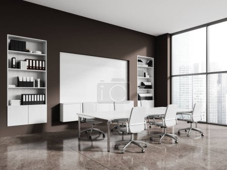Photo for Brown meeting interior with armchairs and conference board, side view sideboard and shelf with documents. Ceo negotiation corner with panoramic window on skyscrapers. 3D rendering - Royalty Free Image