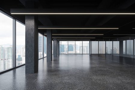 Téléchargez les photos : Intérieur sombre et vide avec sol en granit gris, portes vitrées et mezzanine avec colonnes. Fenêtre panoramique sur les gratte-ciel de Kuala Lumpur. rendu 3D - en image libre de droit