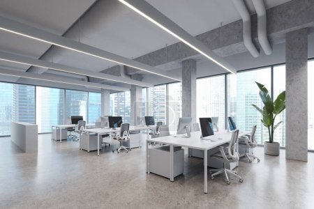 Foto de Esquina de moderna oficina de espacio abierto en estilo industrial con columnas blancas, suelo de hormigón, ventanas panorámicas y enormes escritorios de computadora blancos con sillas. renderizado 3d - Imagen libre de derechos
