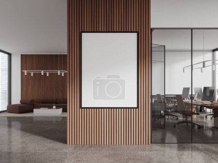 Photo for Interior of modern office hall with white and wooden walls, tiled floor, open space area, comfortable lounge space with brown sofa and vertical mock up poster. 3d rendering - Royalty Free Image